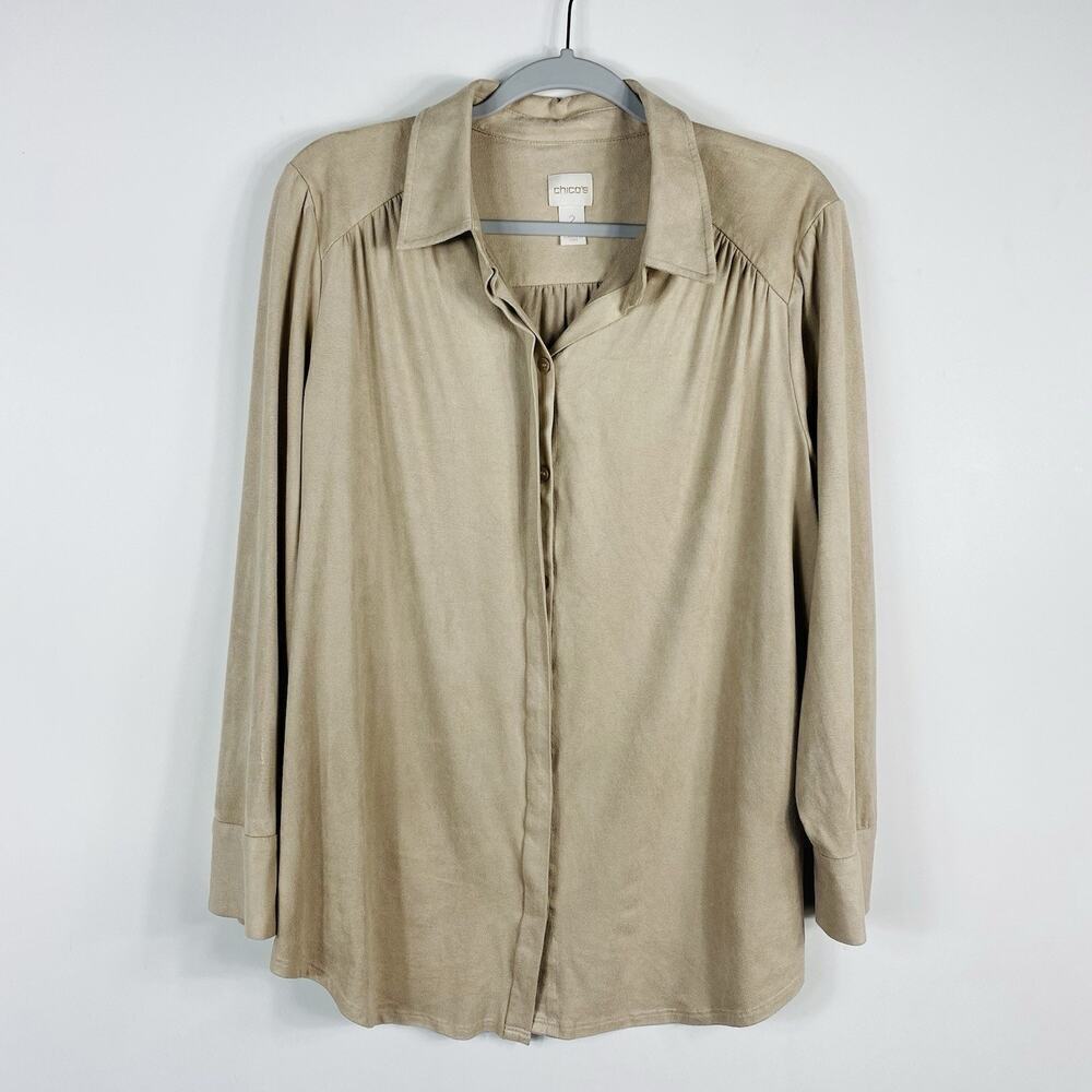 Chico's Size Large 12 2 Faux Suede Reza Long Sleeve Button Shirt Top Tan